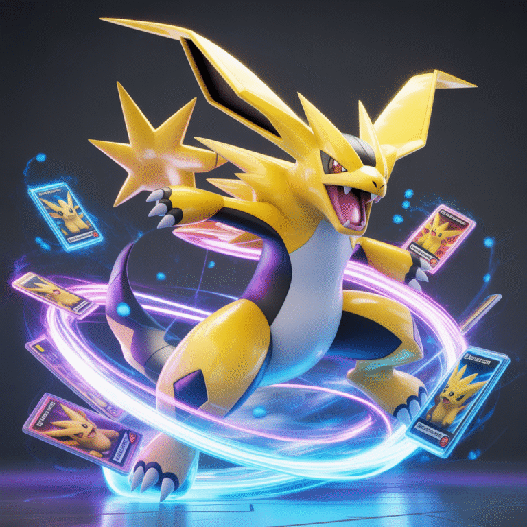 Pokémon Mega Évolué en pose de combat dynamique avec effets d'énergie brillants et cartes rares éparpillées