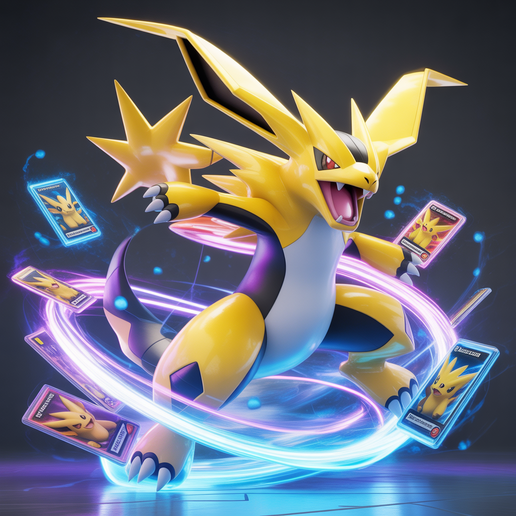 Pokémon Mega Évolué en pose de combat dynamique avec effets d'énergie brillants et cartes rares éparpillées