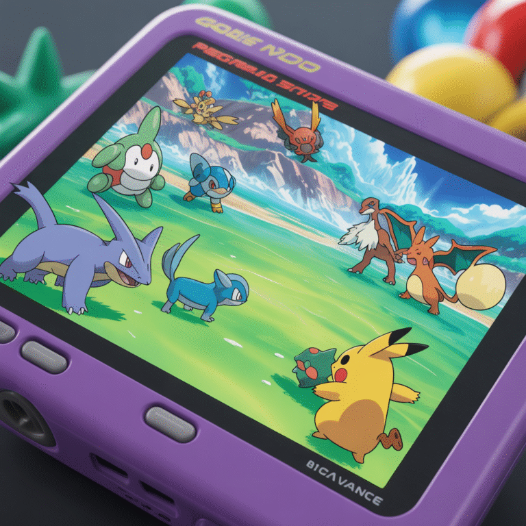 Gros plan photoréaliste d'une scène de combat Pokémon colorée avec sprites détaillés des générations 1 à 9 sur écran Game Boy Advance