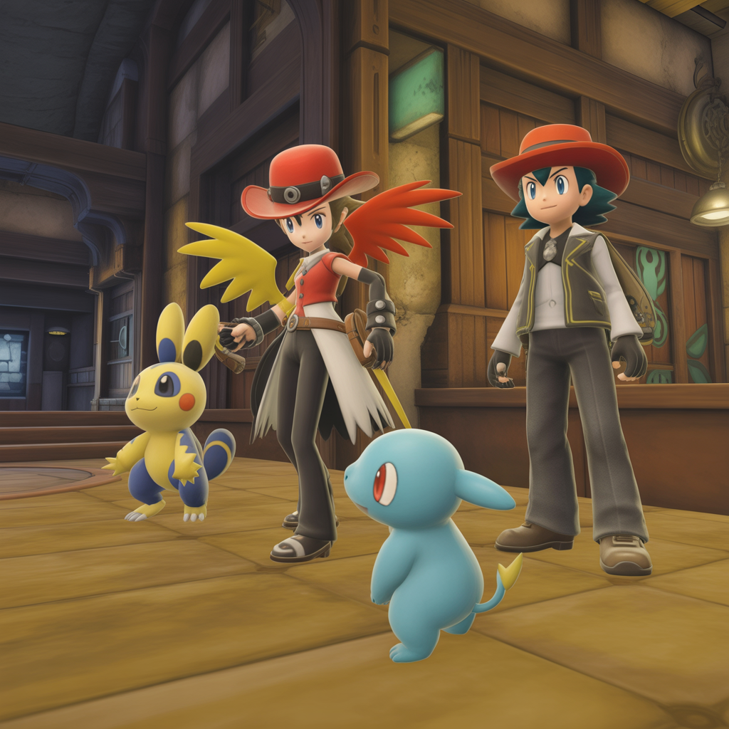 Scène 3D immersive de Pokémon XD avec personnages et Pokémon dans un décor western-steampunk détaillé