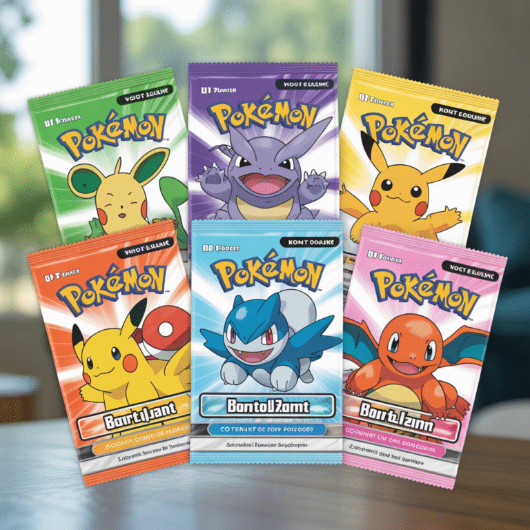 Six Pokémon booster packs with vibrant Kanto Pokémon artwork on a clean surface with soft natural lighting