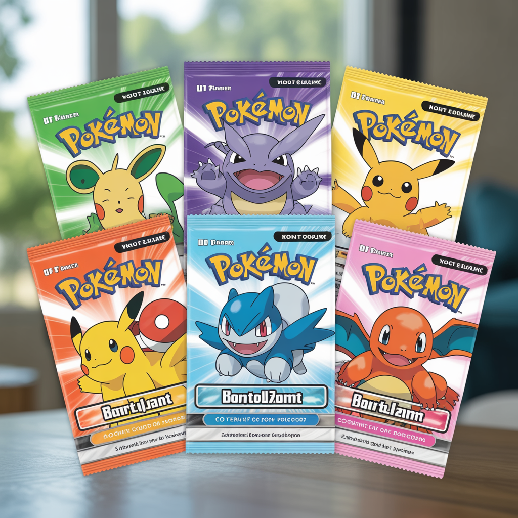 Six Pokémon booster packs with vibrant Kanto Pokémon artwork on a clean surface with soft natural lighting
