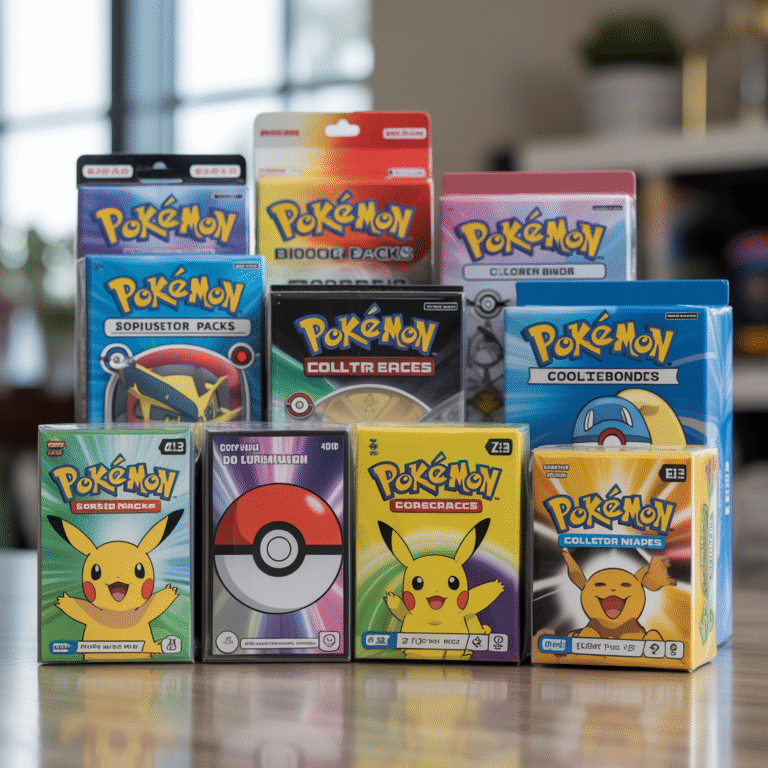 Photorealistic image of Pokémon booster packs and collector bundles on a clean surface with natural lighting
