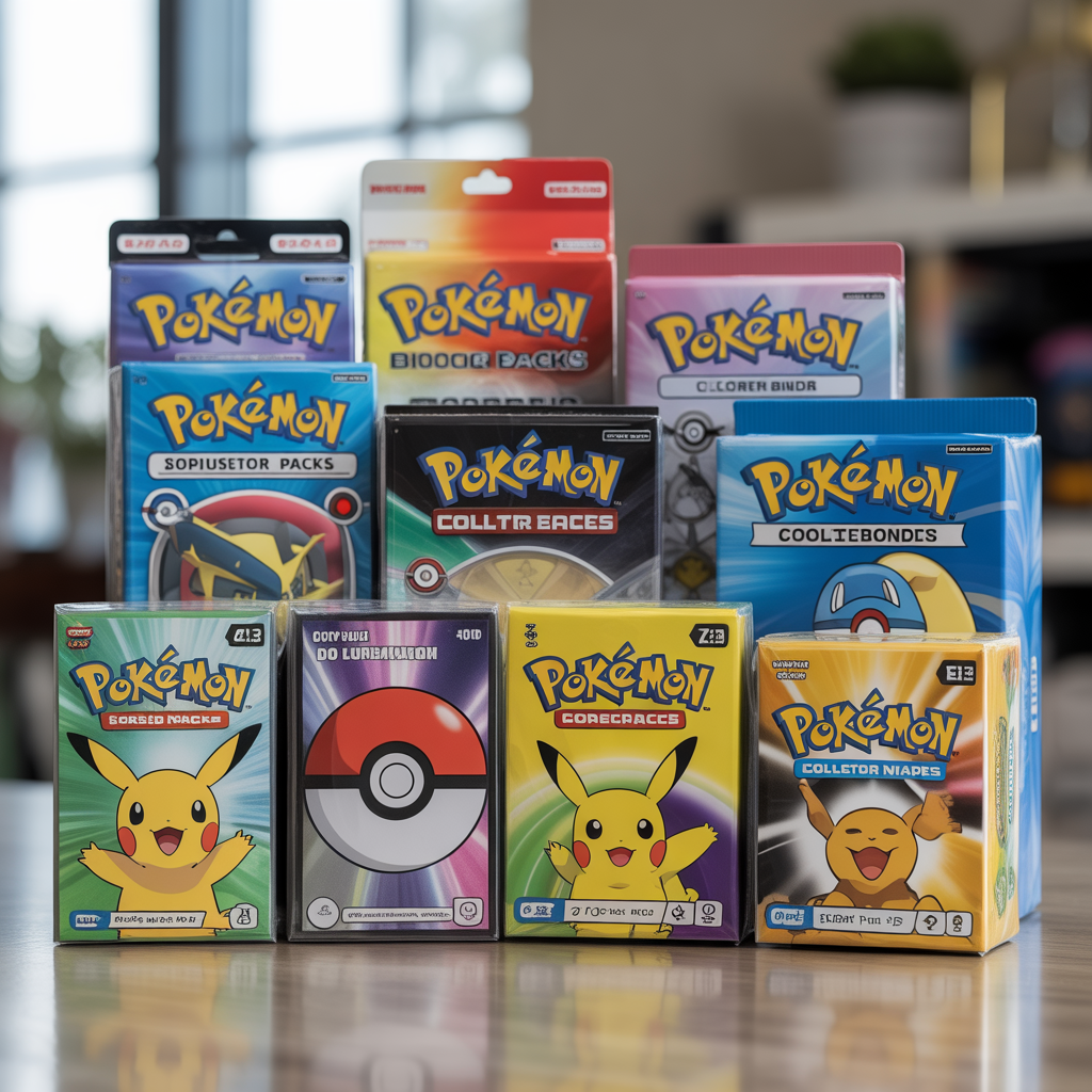 Photorealistic image of Pokémon booster packs and collector bundles on a clean surface with natural lighting