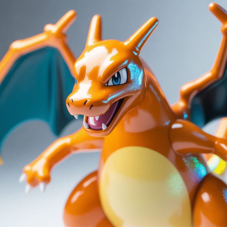 Carte Pokémon brillante rare Charizard en gros plan avec détails holographiques scintillants