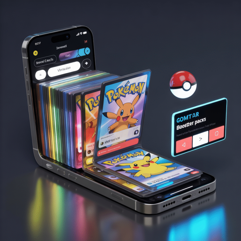 Smartphone displaying vibrant 3D Pokémon card collection with glowing effects and colorful booster pack animation