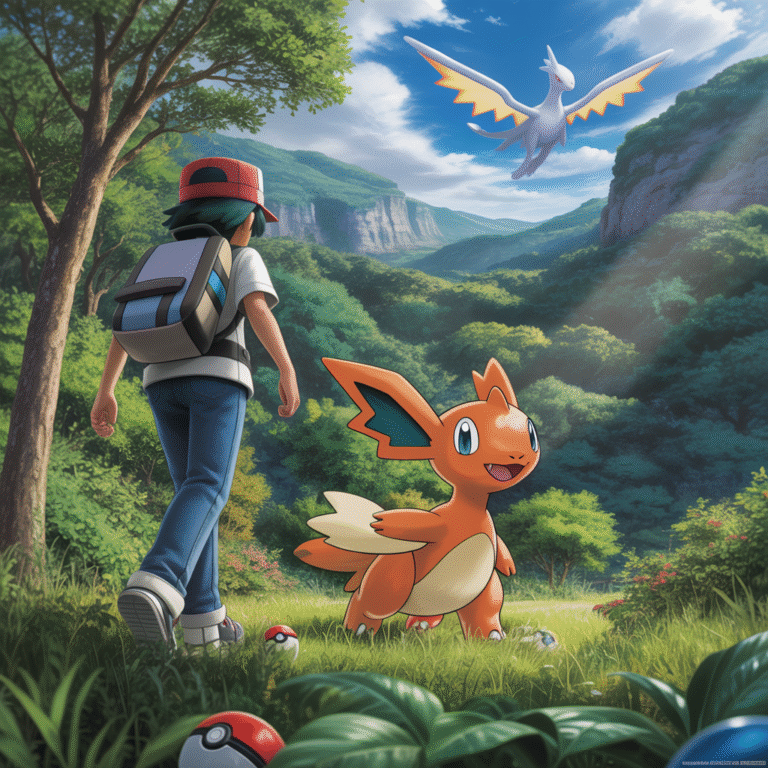 Jeune dresseur avec Pokémon fidèle marchant dans une forêt luxuriante de Johto, Lugia légendaire volant dans le ciel