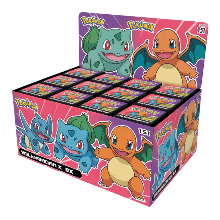 Boîte ouverte de boosters Pokémon Carte 151 avec Bulbasaur, Charmander, Squirtle, Venusaur ex et Charizard ex en devanture, illustrations vibrantes et finition brillante