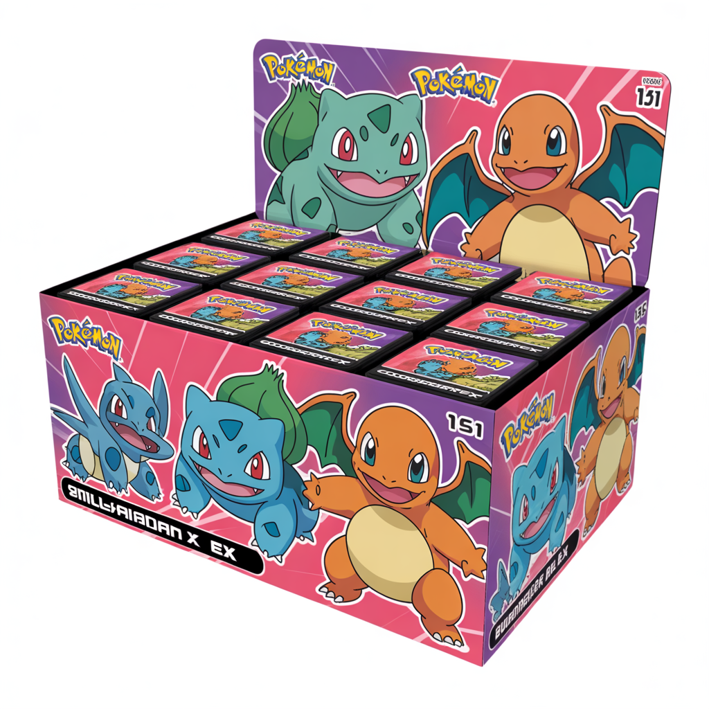 Boîte ouverte de boosters Pokémon Carte 151 avec Bulbasaur, Charmander, Squirtle, Venusaur ex et Charizard ex en devanture, illustrations vibrantes et finition brillante