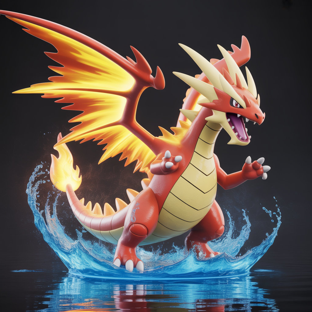 Photorealistic hybrid Pokémon dragon with fiery wings and water cannons, dynamic pose with flames and water splashes