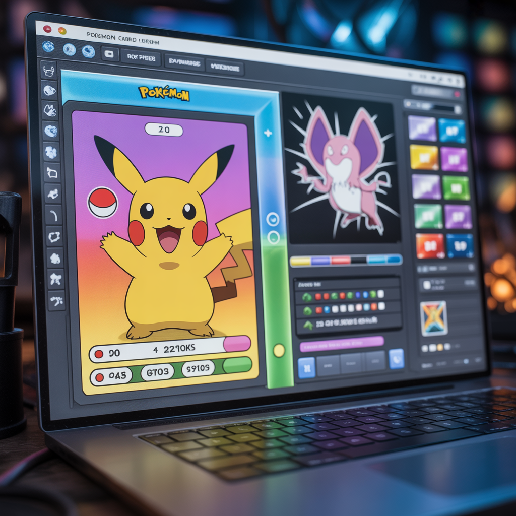 Écran d'ordinateur affichant un logiciel de design de cartes Pokémon colorées avec points de vie et attaques visibles