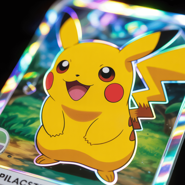 Gros plan photoréaliste de la carte Pokémon Pikachu Illustrator avec texture holographique