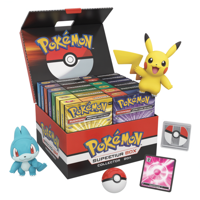 Boîte collector Pokémon super premium avec figurine détaillée, carte promo brillante exclusive et booster packs variés