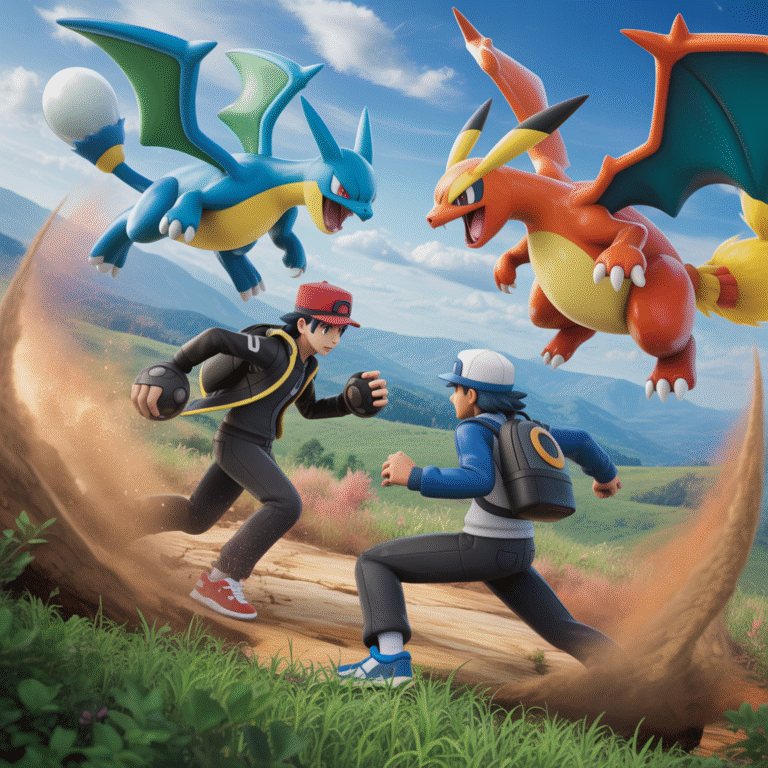 Deux dresseurs en plein combat Pokémon intense avec des créatures puissantes