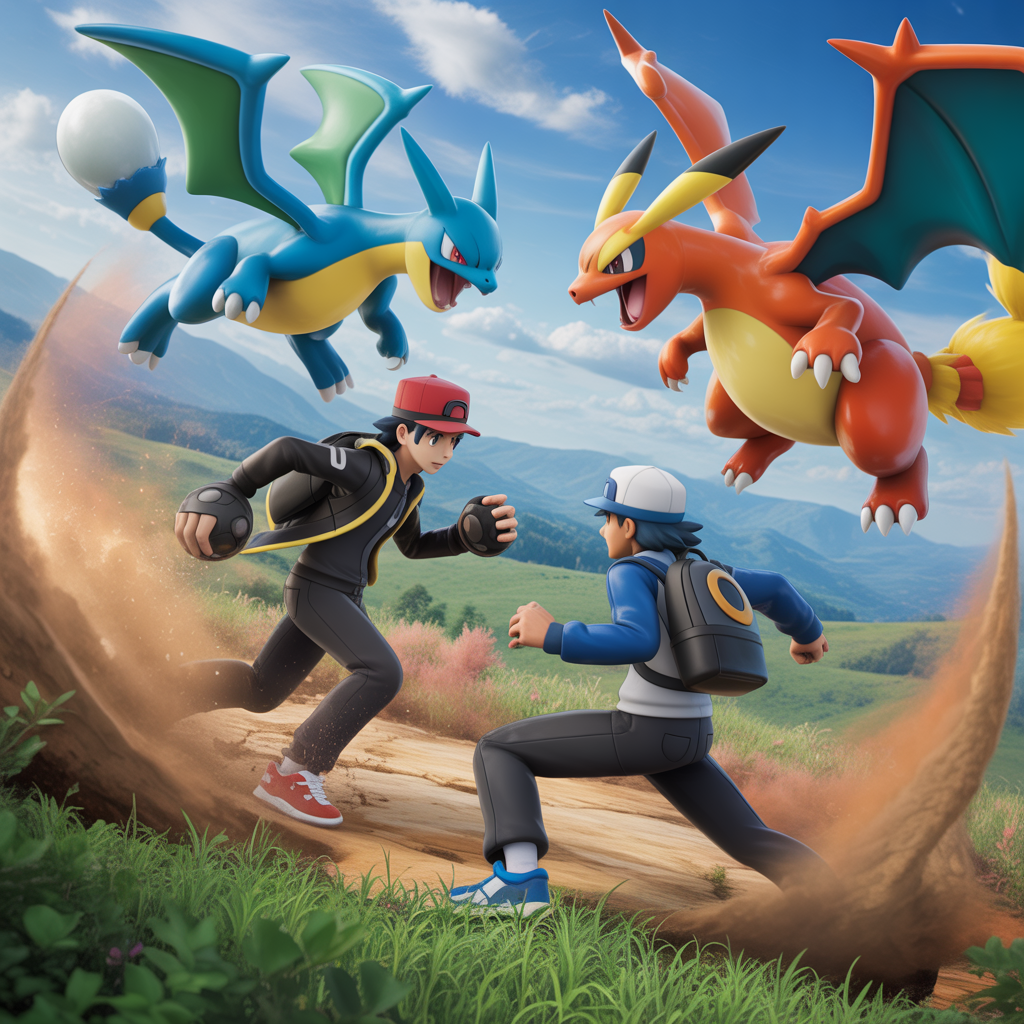 Deux dresseurs en plein combat Pokémon intense avec des créatures puissantes