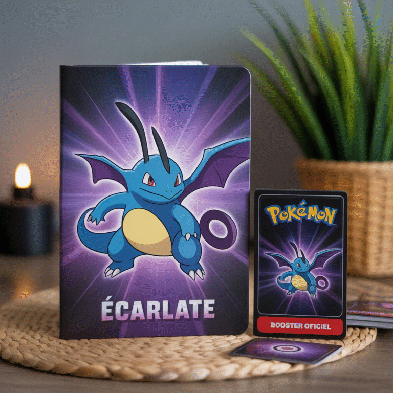 Portfolio rigide format A4 avec illustrations Pokémon Écarlate et Violet et booster officiel à côté sur fond neutre