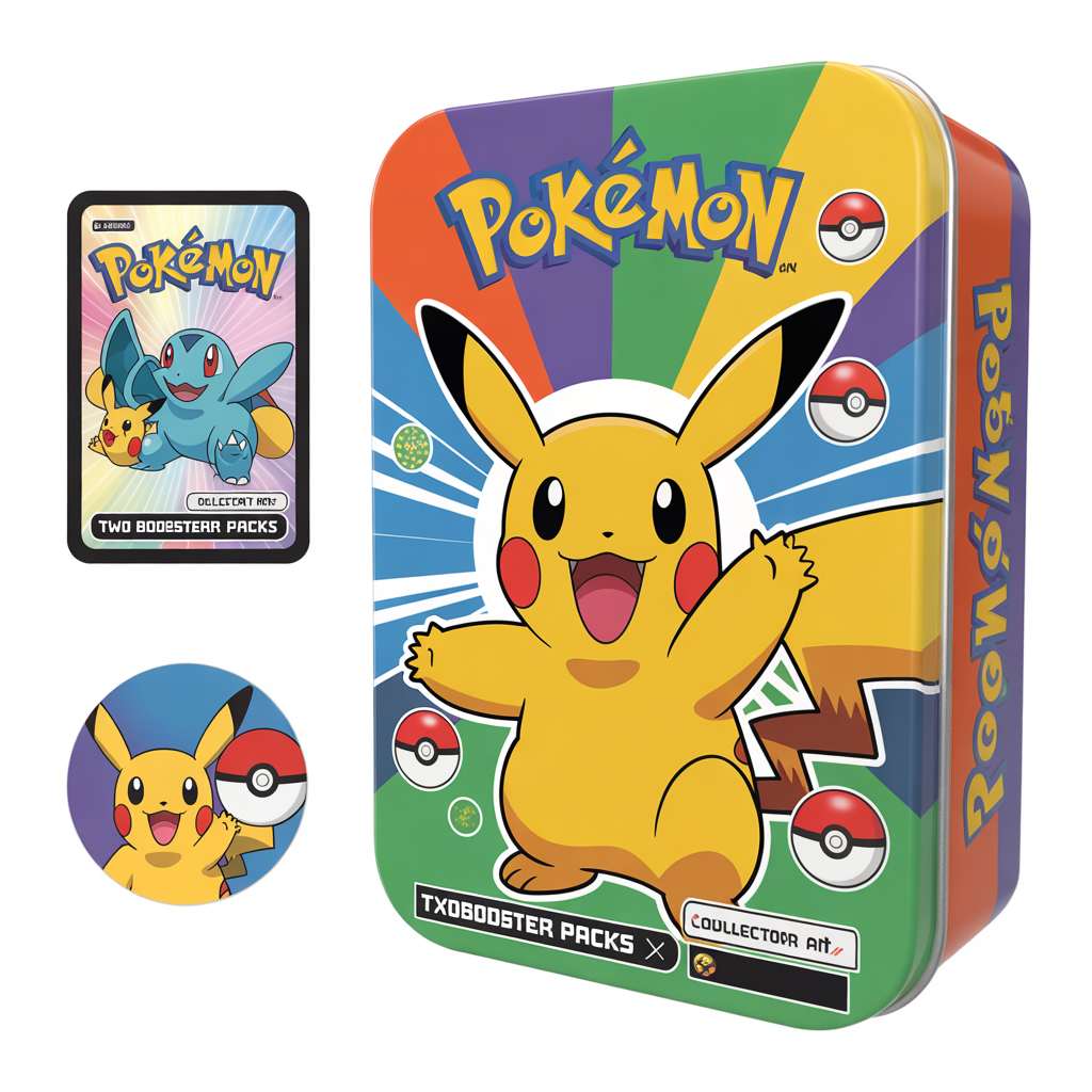 Boîte Mini-Tin Pokémon colorée avec illustration exclusive, deux boosters de cartes, carte collector et autocollant assorti