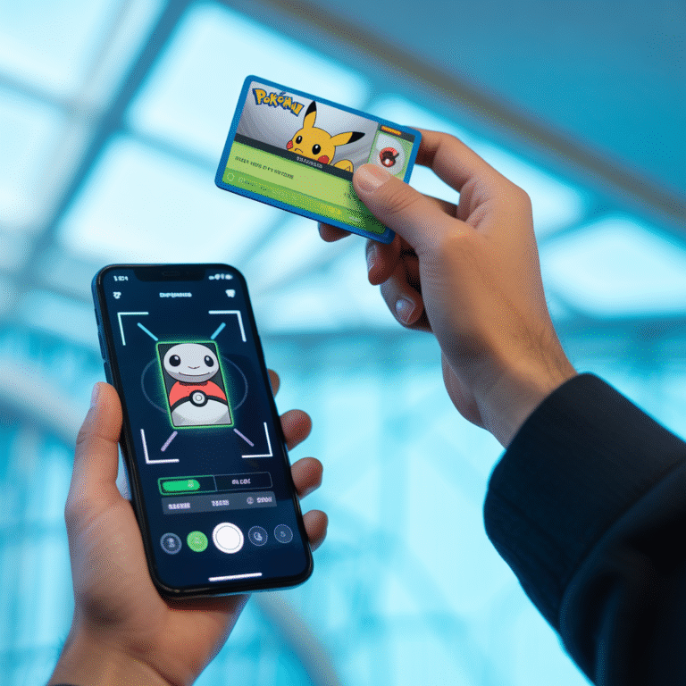 Main tenant une carte Pokémon au-dessus d'un smartphone avec interface de scan et données affichées