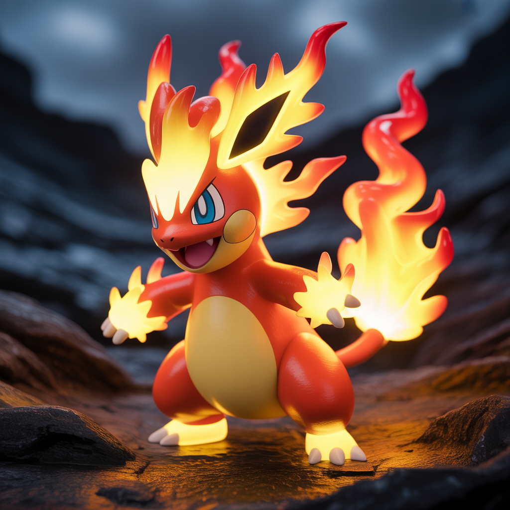 Pokémon de type Feu en pose dynamique avec flammes vives sur fond sombre inspiré de Pokémon Black