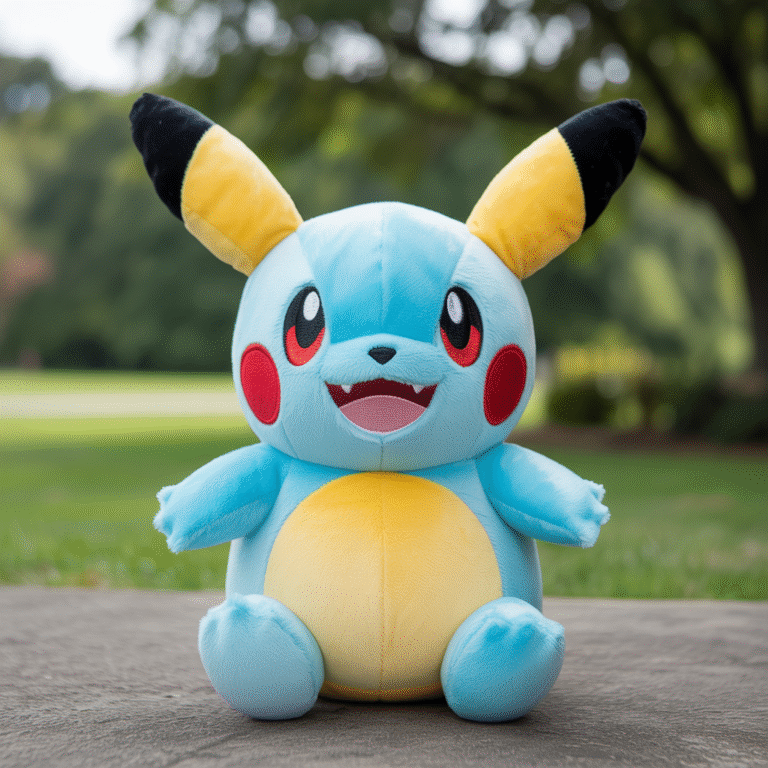 Photorealistic soft and colorful Pokémon plush toy with high-quality fabric texture