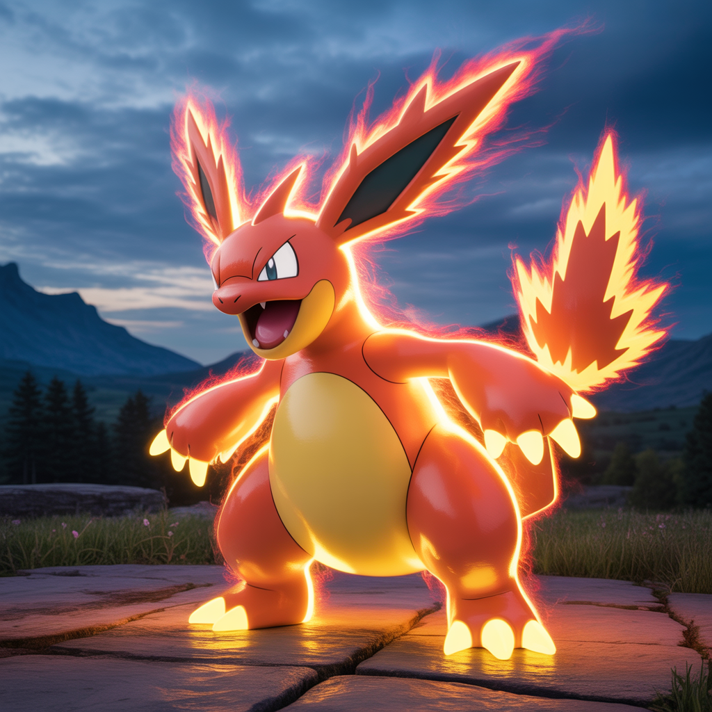 Pokémon en pleine Méga Évolution, rayonnant d'une aura énergique intense avec un pose dynamique