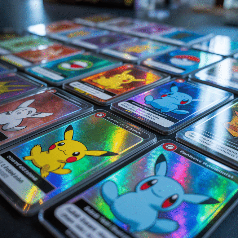 Collection of rare and holographic Pokémon cards with bright reflections on a surface