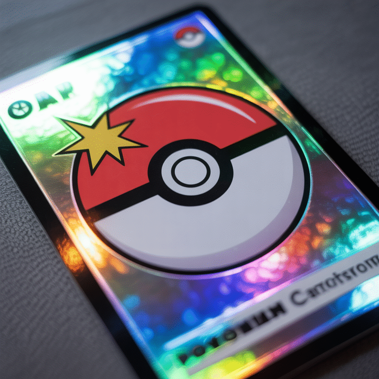 Close-up of an ultra rare holographic Pokémon card showing a shining star symbol with vivid colors and reflective surface