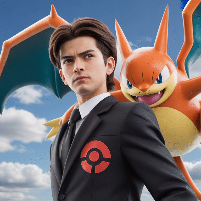 Portrait photoréaliste de Giovanni en costume noir avec emblème rouge Team Rocket, expression déterminée, et puissant Pokémon à ses côtés