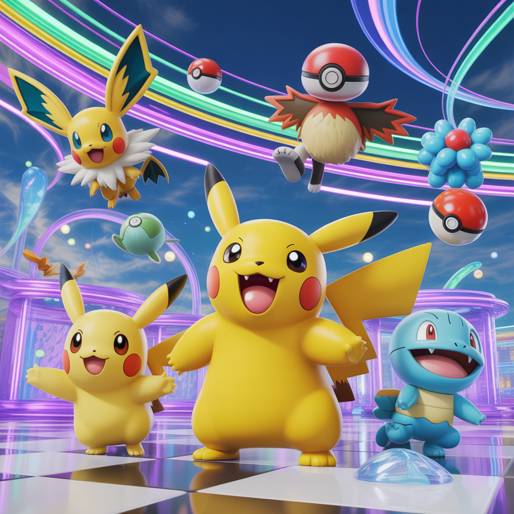 Plusieurs personnages iconiques de Pokémon dans un décor festif coloré et lumineux en style photoréaliste