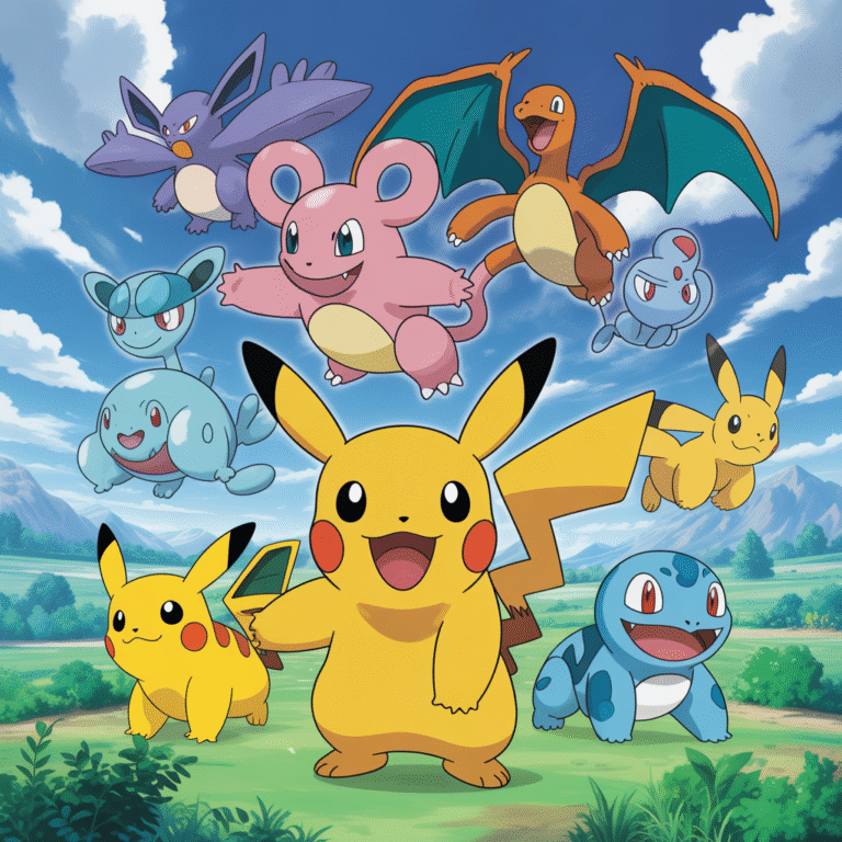 Groupe diversifié de Pokémon rares et emblématiques dans un cadre naturel coloré et dynamique