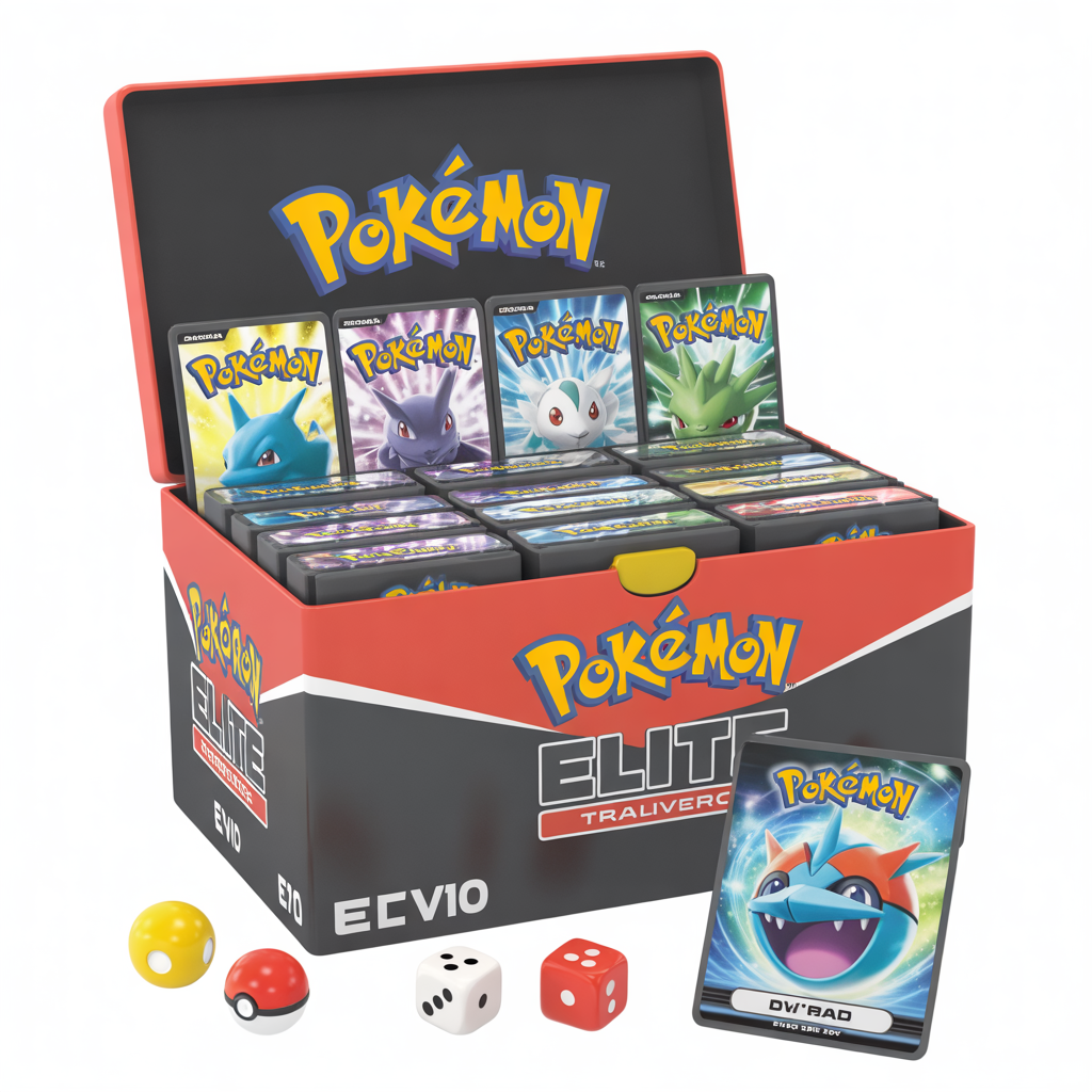 Boîte Pokémon Elite Trainer EV10 avec boosters, cartes promo, protège-cartes illustrés, dés, guide de jeu et boîte de rangement robuste
