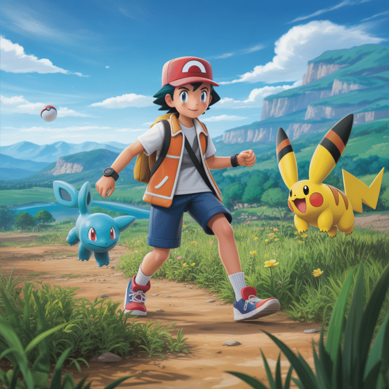 Jeune dresseur Pokémon en pose dynamique dans un environnement naturel coloré avec des créatures originales Fakemon