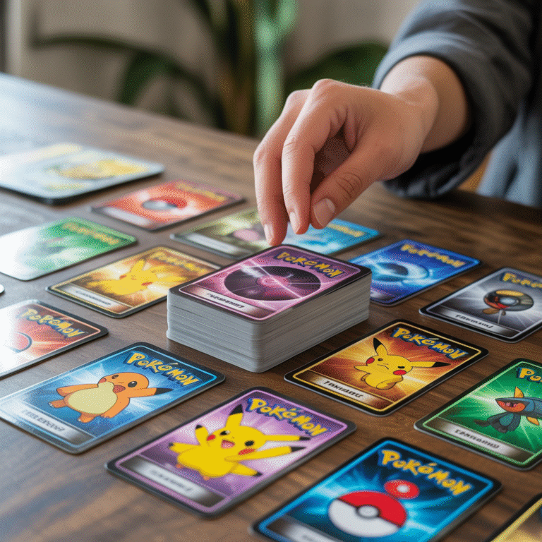 Main prenant une carte dans un deck de cartes Pokémon ex, Dresseur et Énergie sur table en bois