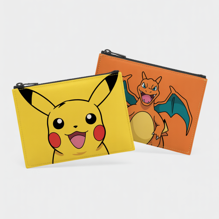 Poches en coton jaune avec visage de Pikachu et orange avec design Charizard, texture tissu durable, fermeture scratch