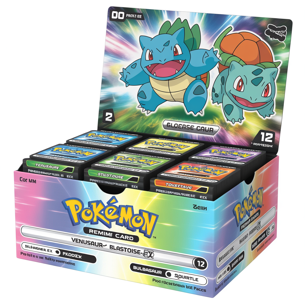Boîte premium de cartes Pokémon avec cartes brillantes Venusaur-ex, Blastoise-ex, Bulbasaur, Squirtle, grande carte brillante Blastoise et 12 boosters