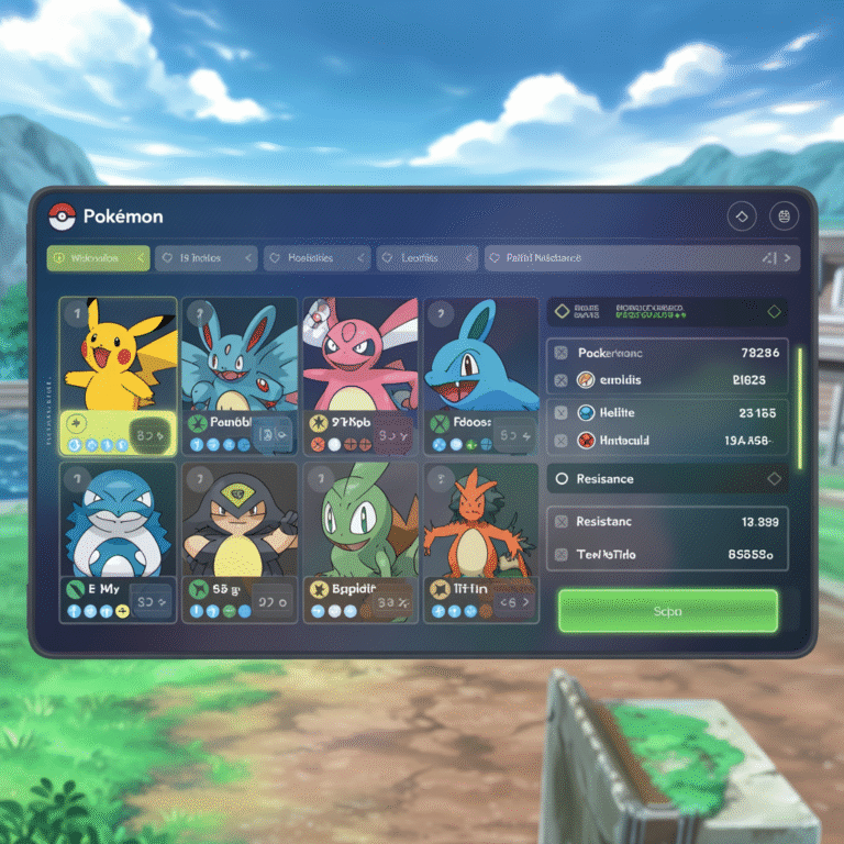 Capture d’écran photoréaliste d’une interface claire montrant six Pokémon avec types, capacités, objets tenus et analyse des faiblesses et résistances de l’équipe