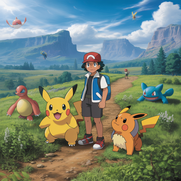 Photorealistic image of a Pokémon trainer surrounded by multiple Pokémon species in a diverse natural landscape