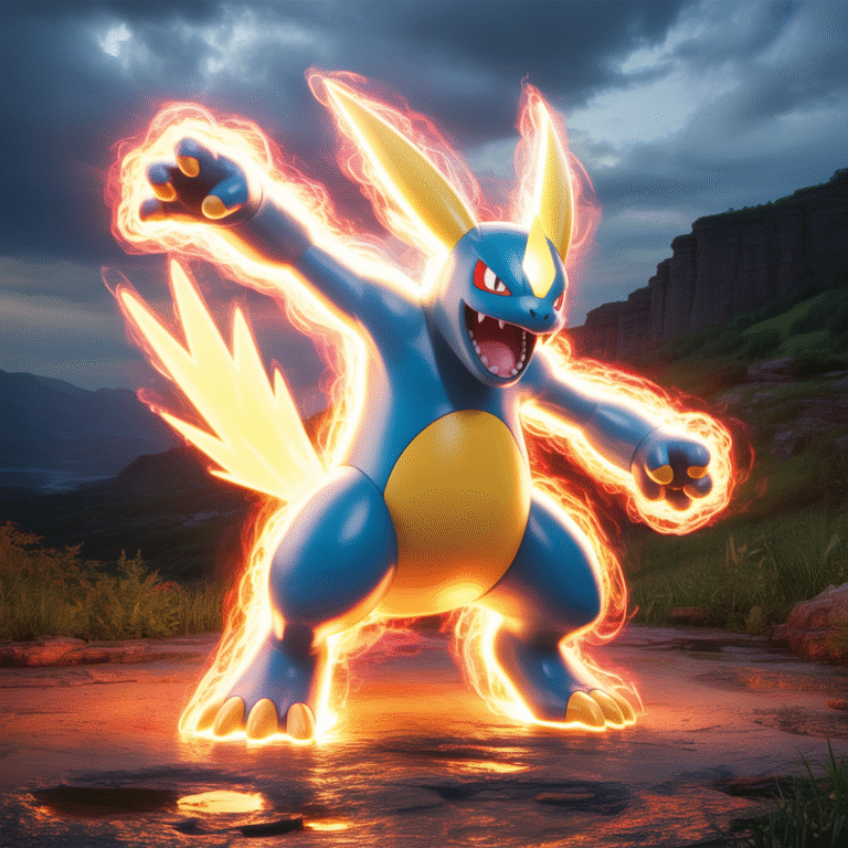Pokémon en transformation dynamique avec aura lumineuse intense et éclairage dramatique