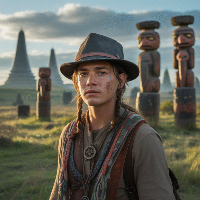 Photorealistic image of a young explorer in an ancient landscape featuring mysterious temples and totems under natural lighting