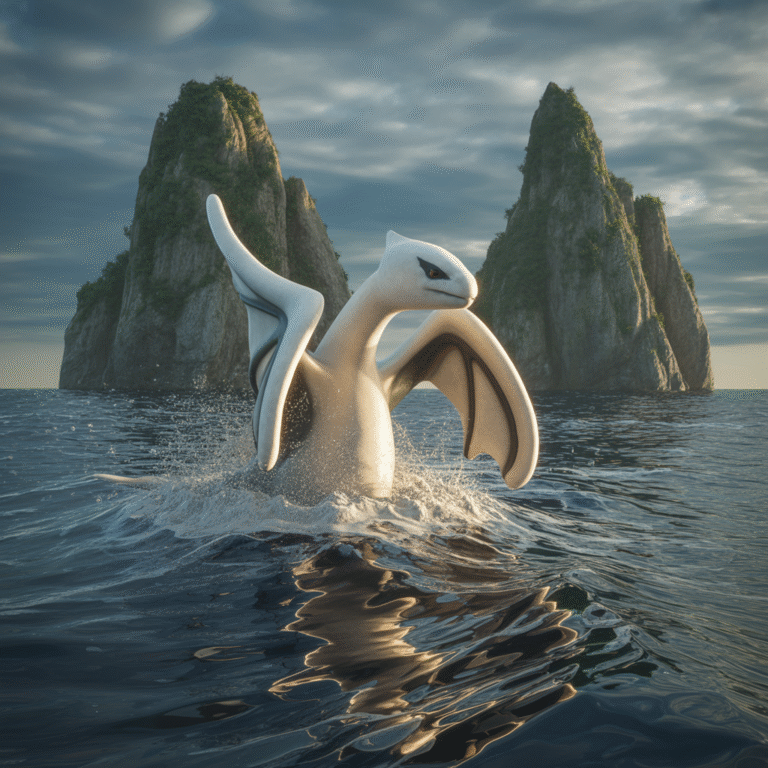 Lugia émergeant des vagues de l'océan près des îles rocheuses sous un éclairage dramatique