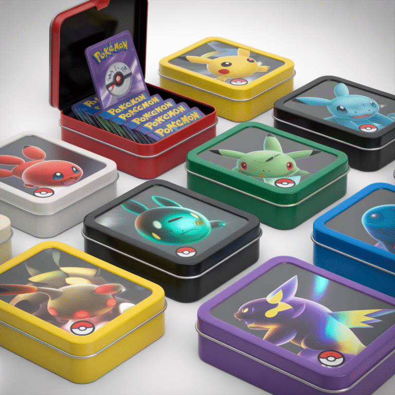 Boîtes métalliques colorées de Pokémon avec cartes holographiques rares visibles à travers une fenêtre transparente