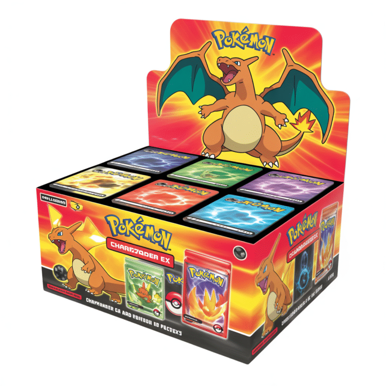 Boîte collector Pokémon avec carte Charizard ex brillante, cartes Charmander et Charmeleon brillantes, plusieurs boosters et emballage vibrant