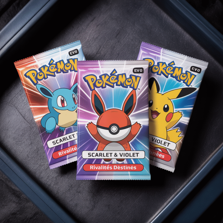Trois boosters Pokémon EV10 scellés de Scarlet & Violet sur surface sombre