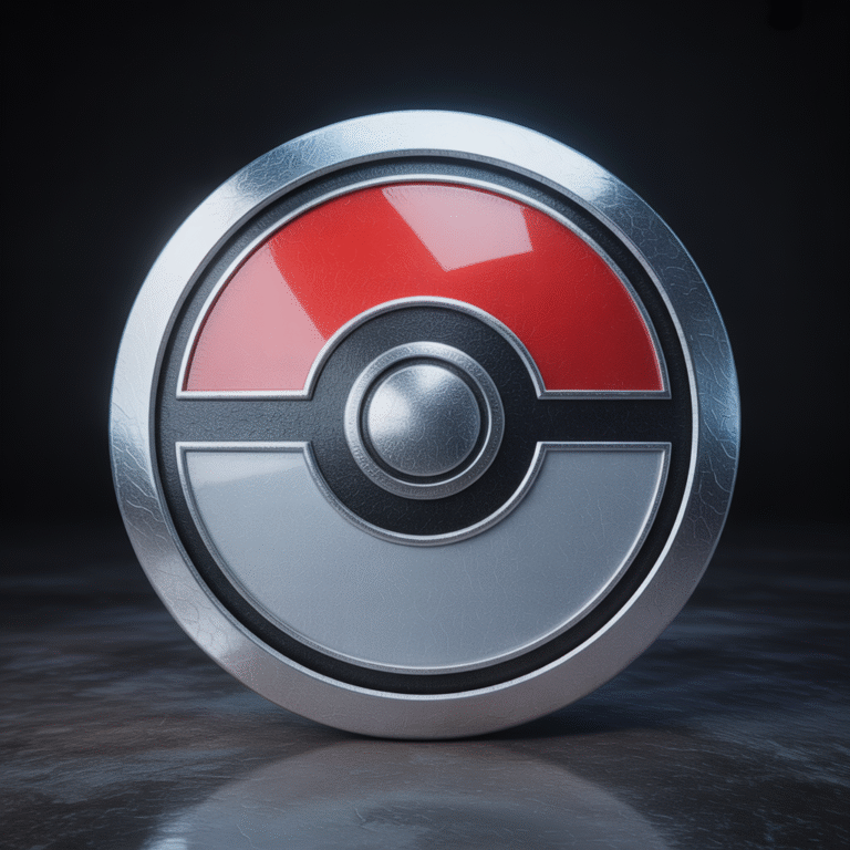 Emblème métallique photoréaliste de type Acier Pokémon avec texture chrome brillante