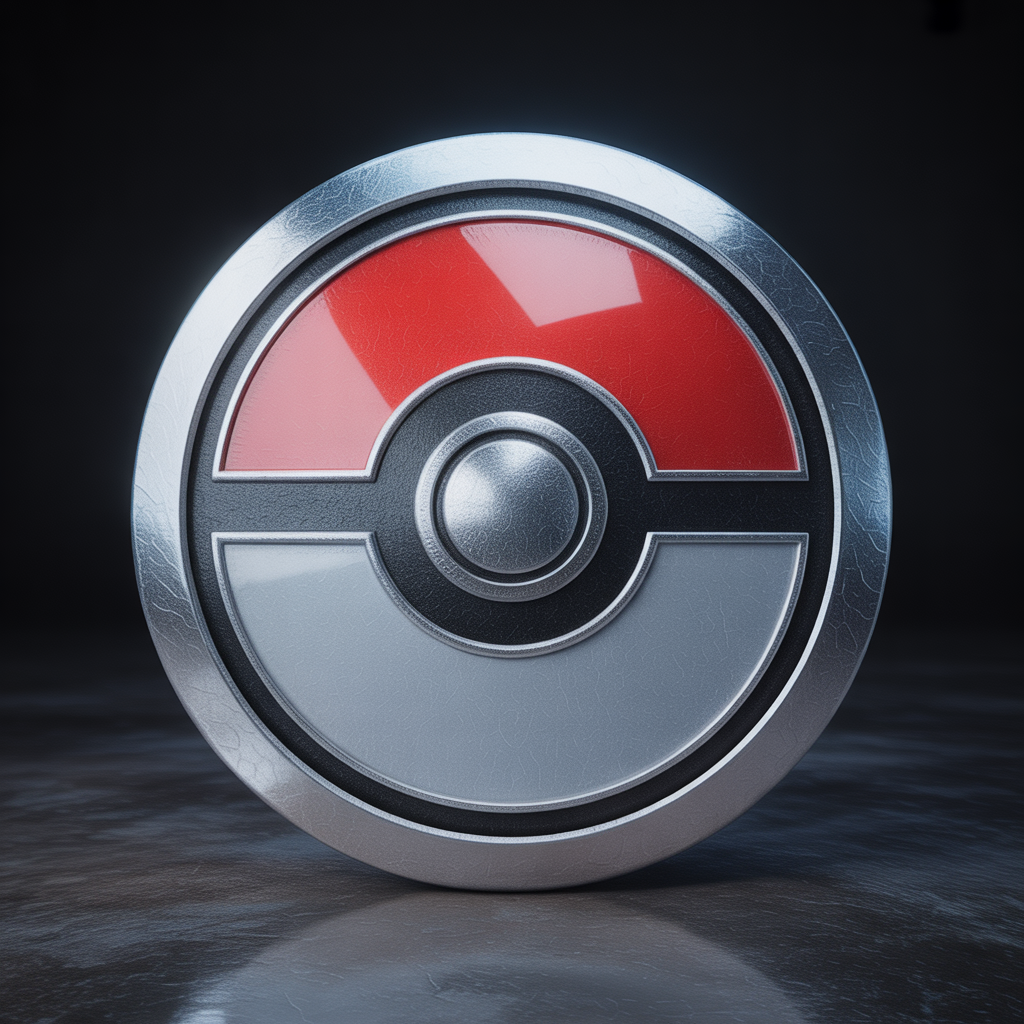 Emblème métallique photoréaliste de type Acier Pokémon avec texture chrome brillante