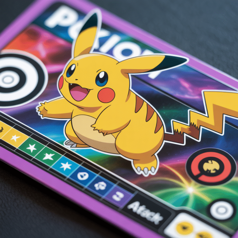 Close-up of a vibrant Pokémon card showing an iconic Pokémon, detailed stats, and attack icons