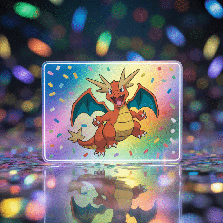 Carte Pokémon dragon holographique avec effet confettis et surface brillante en gros plan