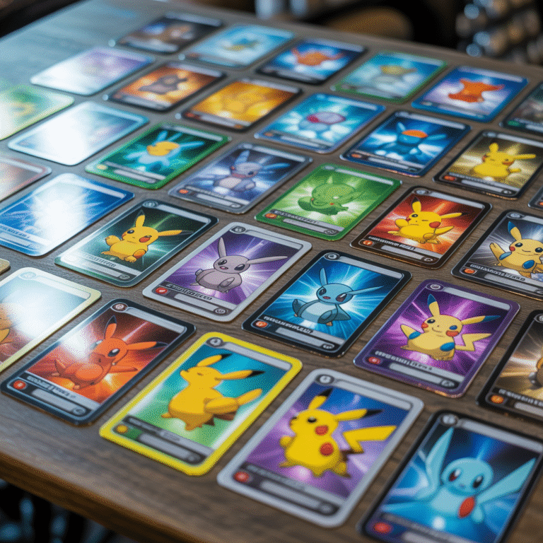 Close-up of rare and holographic Pokémon cards spread on a wooden table with natural light
