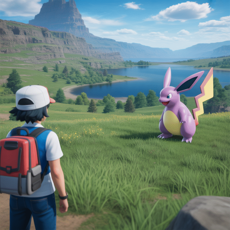 Pokémon trainer confronts wild Pokémon in a photorealistic immersive game scene with customized interface