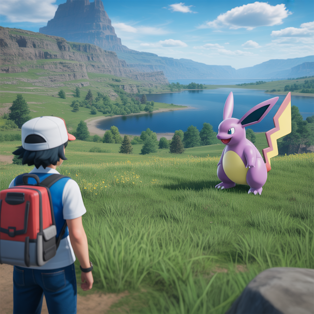 Pokémon trainer confronts wild Pokémon in a photorealistic immersive game scene with customized interface